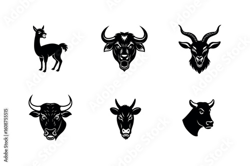 Farm & Wild Bovine Animal Silhouettes: Llama, Buffalo, Cow, & Goat Vector Art