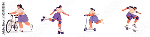 Flat design vector of a casual young woman playing eco transportation. Skateboard, scooter, bike, roller skates.
