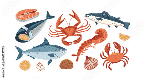 Collection of seafood and fish in vector style. A cartoon flat illustration featuring mussels, salmon, shrimp, caviar, lobster, crayfish, crab, oysters, and tuna, all isolated on a white background.