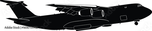 Black Silhouette of a Large Military Cargo Aircraft on a White Background in Flight