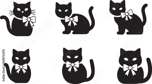 Cat with Bow Silhouette Icon Set – Black Vector Design
