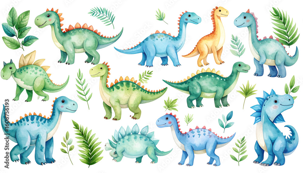 Fototapeta premium Cute and fun seamless vector pattern with cartoon dinosaur, giraffe, and elephant illustrations