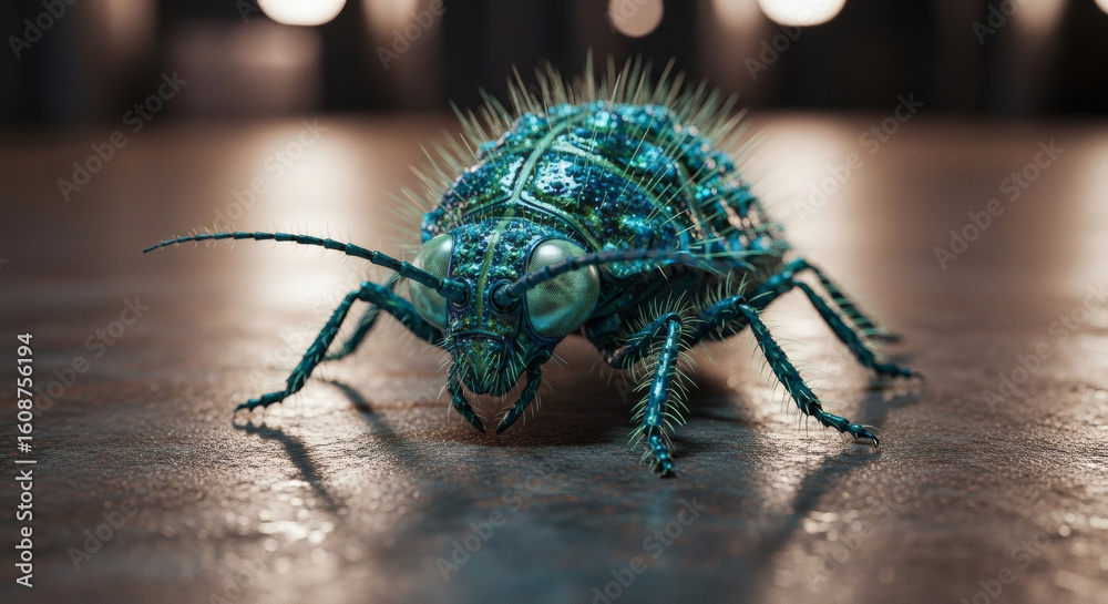 Naklejka premium A detailed close-up of a spiky, green-blue insect-like creature with an armored exoskeleton, resting on a reflective surface.