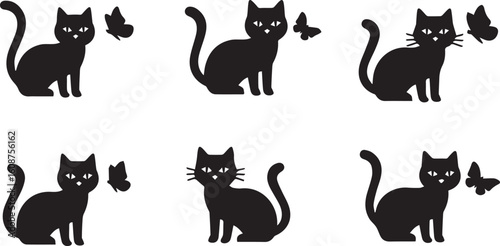 Cat with Butterfly Silhouette Icon Set – Black Vector Illustration