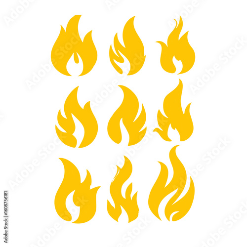 Set of dynamic fire vector illustrations and cartoon flames including wildfire scenes, burning forests, flat icons, explosion effects, and blazing backgrounds for emergency or danger themes.

