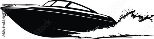 Sleek Black Speedboat Gliding Through Water with Splash Effect Modern Design and Minimalist Style on White Background
