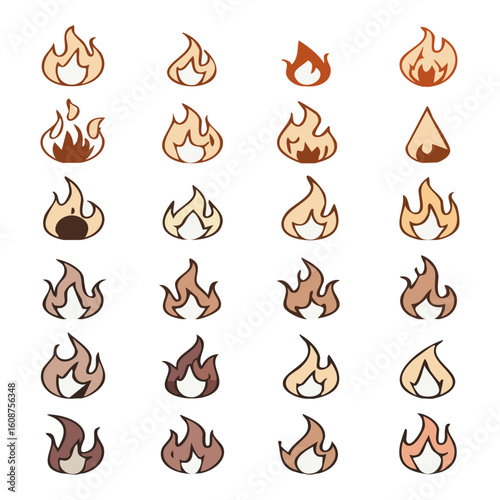 Set of dynamic fire vector illustrations and cartoon flames including wildfire scenes, burning forests, flat icons, explosion effects, and blazing backgrounds for emergency or danger themes.

