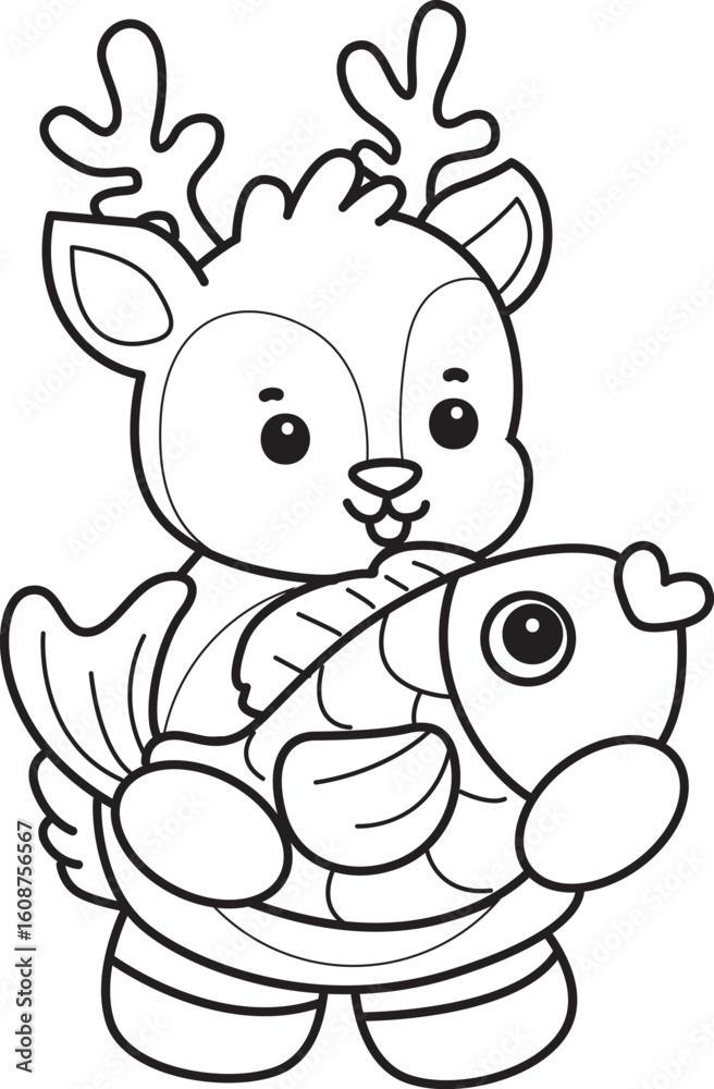 Fototapeta premium Cute Deer icon. Funny baby Deer animal series stock illustration. Life of fluffy Deer designs. Coloring pages of cute deer icon. 