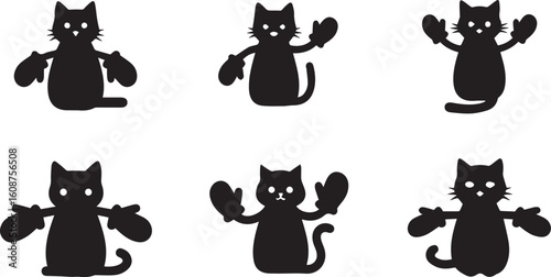 Cat with Mittens Silhouette Icon Set – Black Vector Illustration