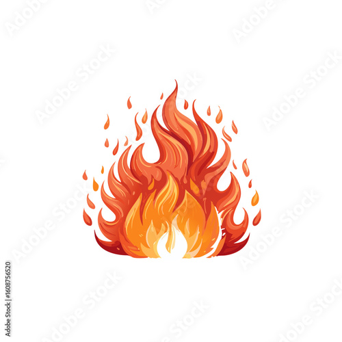 Set of dynamic fire vector illustrations and cartoon flames including wildfire scenes, burning forests, flat icons, explosion effects, and blazing backgrounds for emergency or danger themes.

