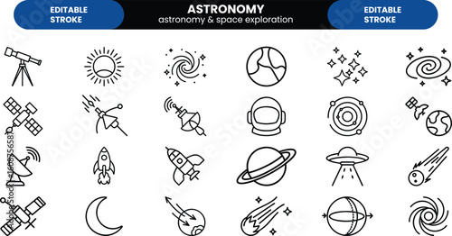 Minimal line astronomy and space icon set, rockets, telescopes, planets, comets, ufos, satellites, stars, galaxies