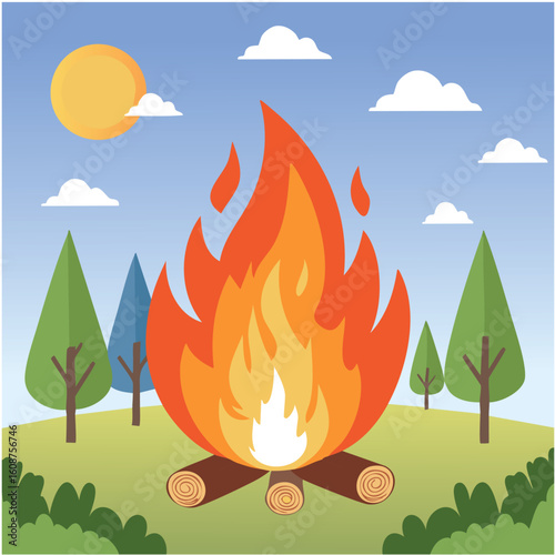 Set of dynamic fire vector illustrations and cartoon flames including wildfire scenes, burning forests, flat icons, explosion effects, and blazing backgrounds for emergency or danger themes.

