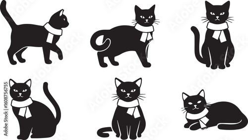 Cat with Scarf Silhouette Icon Set – Black Vector Illustration