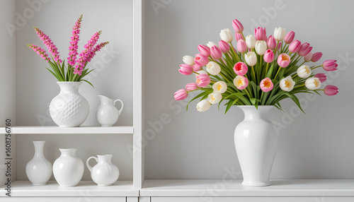 Still life of white vases with tulips and pink flowers on a white shelf against a gray background