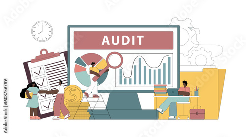 Financial, accounting, audit, analysis, consulting, statistics, tax audit. Vector flat illustration