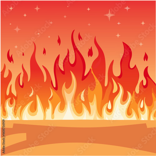 Set of dynamic fire vector illustrations and cartoon flames including wildfire scenes, burning forests, flat icons, explosion effects, and blazing backgrounds for emergency or danger themes.

