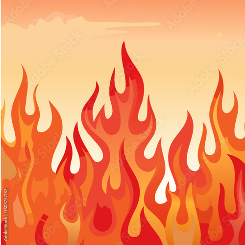 Set of dynamic fire vector illustrations and cartoon flames including wildfire scenes, burning forests, flat icons, explosion effects, and blazing backgrounds for emergency or danger themes.

