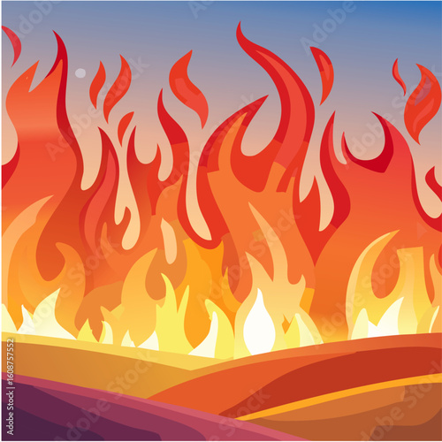 Set of dynamic fire vector illustrations and cartoon flames including wildfire scenes, burning forests, flat icons, explosion effects, and blazing backgrounds for emergency or danger themes.

