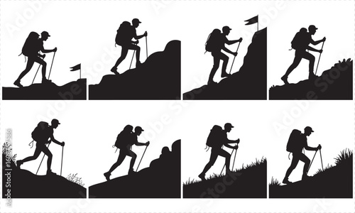 Silhouetted hikers with backpacks and poles ascend rocky and grassy slopes climbing