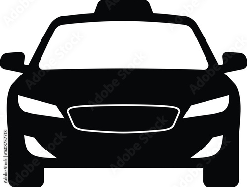 Front View of a Taxi Cab Illustration in Black and White on a Clean White Background