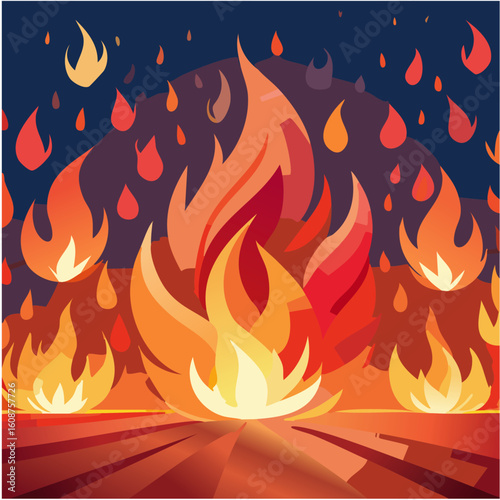 Set of dynamic fire vector illustrations and cartoon flames including wildfire scenes, burning forests, flat icons, explosion effects, and blazing backgrounds for emergency or danger themes.

