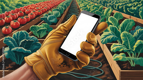 Smart Farming Hand in Glove Holds Phone Above Rows of Tomatoes and Greens in Raised Garden Beds