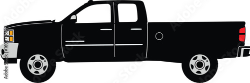 Black Extended Cab Long Bed Pickup Truck Isolated on White Background in Side View Graphic Illustration