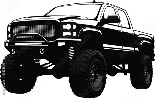 Black and White Illustration of a Lifted Pickup Truck with Off Road Tires and Bumper