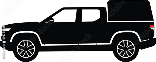 Sleek Black Pickup Truck Silhouette with Canopy Modern Design Isolated on White Background Automotive Illustration