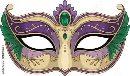 Intricate masquerade mask with gold detailing, emerald gemstone, and purple-green color scheme, perfect for elegant masquerade balls

