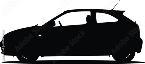 Black Silhouette of a Three Door Hatchback Car on a White Background in Side View