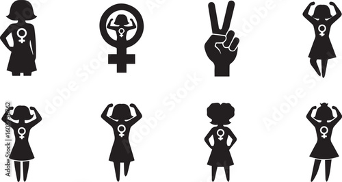 Girl Power Sign Silhouette Icon Set – Black Vector Design