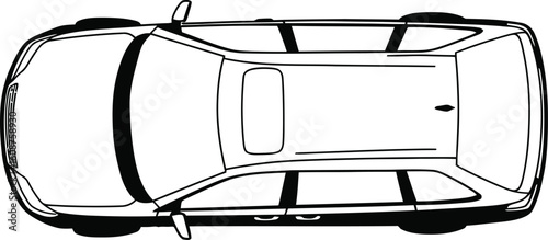 Top View Black and White Illustration of a Modern Station Wagon Vehicle with Roof Rack and Sunroof