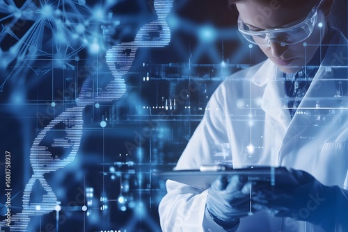 DNA helix graphic overlay, scientist analyzing data, genetic research scene.