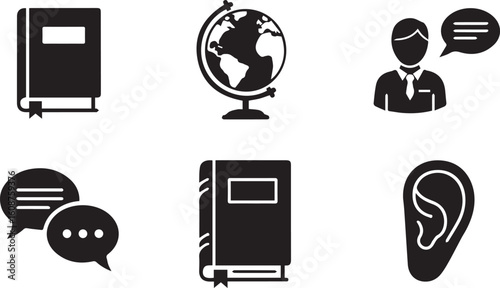 Language Learning Silhouette Icon Set – Black Vector Collection