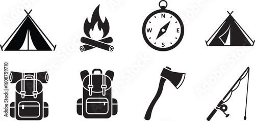 Outdoor Camping Silhouette Icon Set – Black Vector Collection