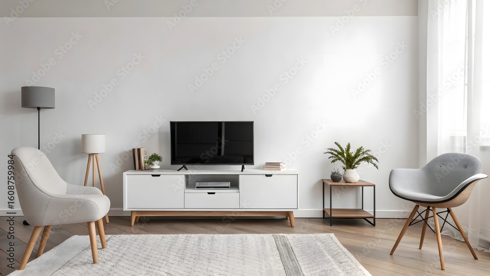 Fototapeta premium Modern Living Room Interior with TV, Console, Chairs, and Rug in a Stylish Home