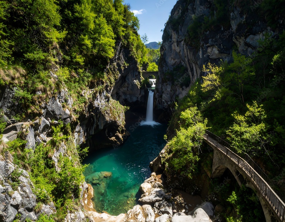 Scenic mountain gorge with waterfall and turquoise pool. Lush green trees and rock formations frame a tranquil scene. A stone bridge crosses the gorge Scenic mountain gorge with waterfall and turquoise pool. Lush green trees and rock formations frame a tranquil scene. A stone bridge crosses the gorge