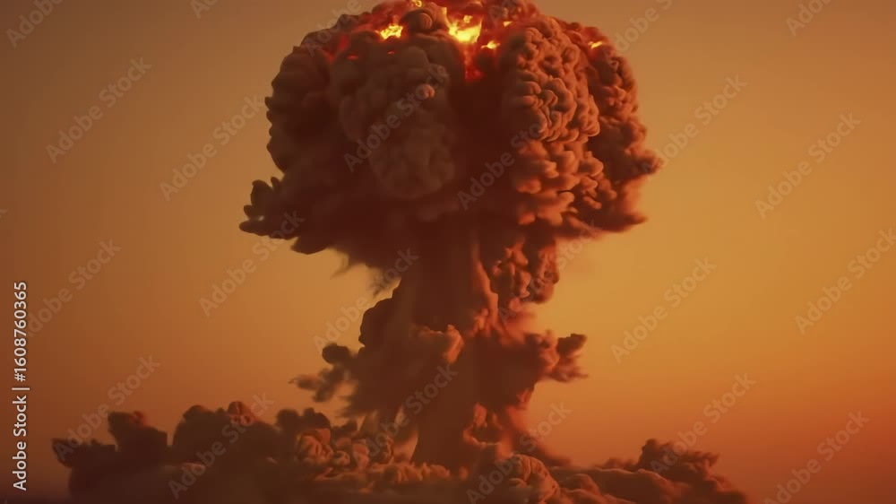 A bright orange mushroom cloud rising against a hazy orange sky in a powerful display of energy