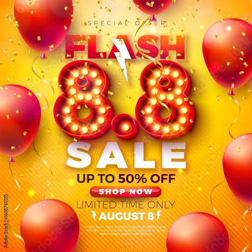 Flash Sale Shopping Day Design with 3d 8.8 Light Bulb Billboard Number and Party Balloon on Sun Yellow Background. Vector 8 August Special Offer Illustration for Coupon, Voucher, Banner, Flyer