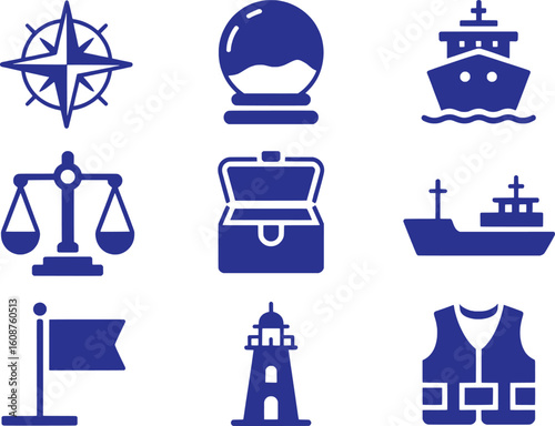 Nautical symbols including compass ship lighthouse flag and life vest navigation direction