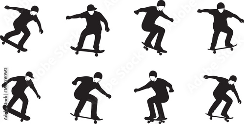 Skateboarder Silhouette Icon Set – Black Vector Illustration