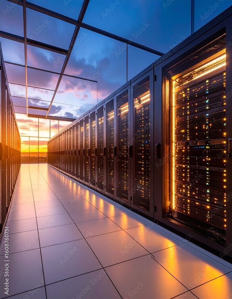 Fototapeta premium View of a modern server room at sunset with vibrant lighting effects