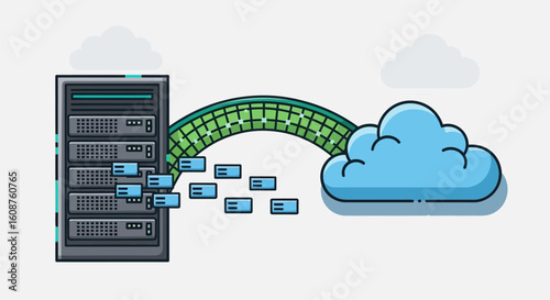 Vector Illustration of Data Transmission from Server Rack to Cloud via Grid-Patterned Digital Bridge