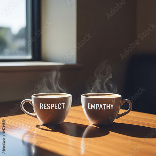Two Steaming Coffee Mugs Labeled Respect and Empathy on a Wooden Table by a Window, Symbolizing Human Connection and Values