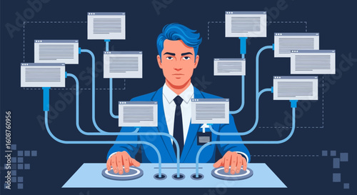 Vector Illustration of Serious Young Man Operating Data Console with Networked Interfaces and Flowing Information on Dark Blue Background