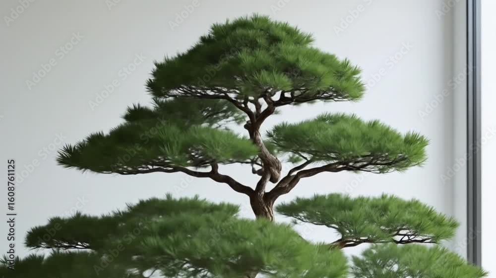 Elegant Japanese bonsai tree on modern minimal white interior table