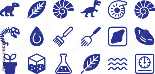 Dinosaur skeleton leaf ammonite fossil water drop fork beaker plant cube waves meter vector