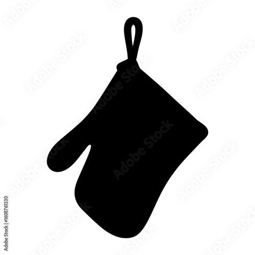 Black silhouette of an oven mitt hanging from a loop on white