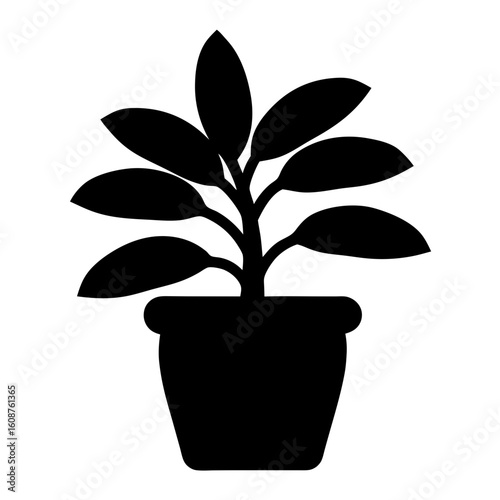 Black silhouette of a potted plant with large leaves on white background